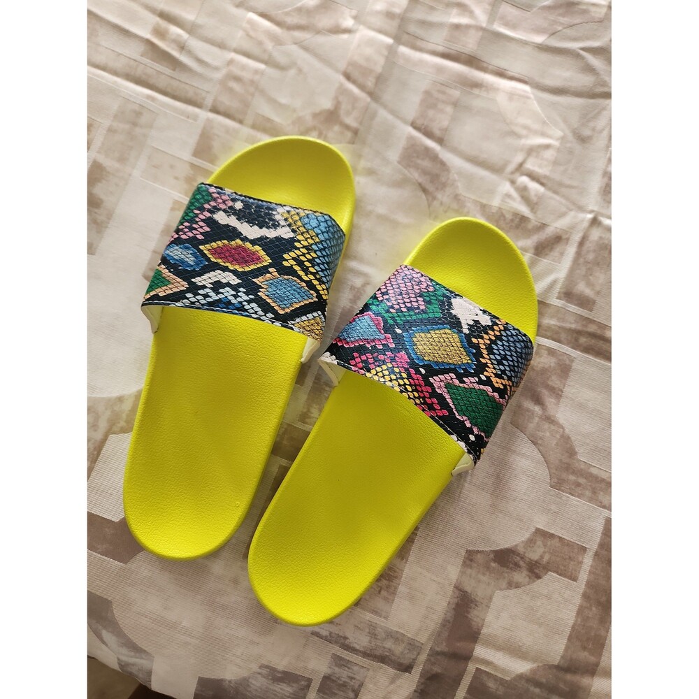 Neon Yellow Snake-Print Slide Sandals